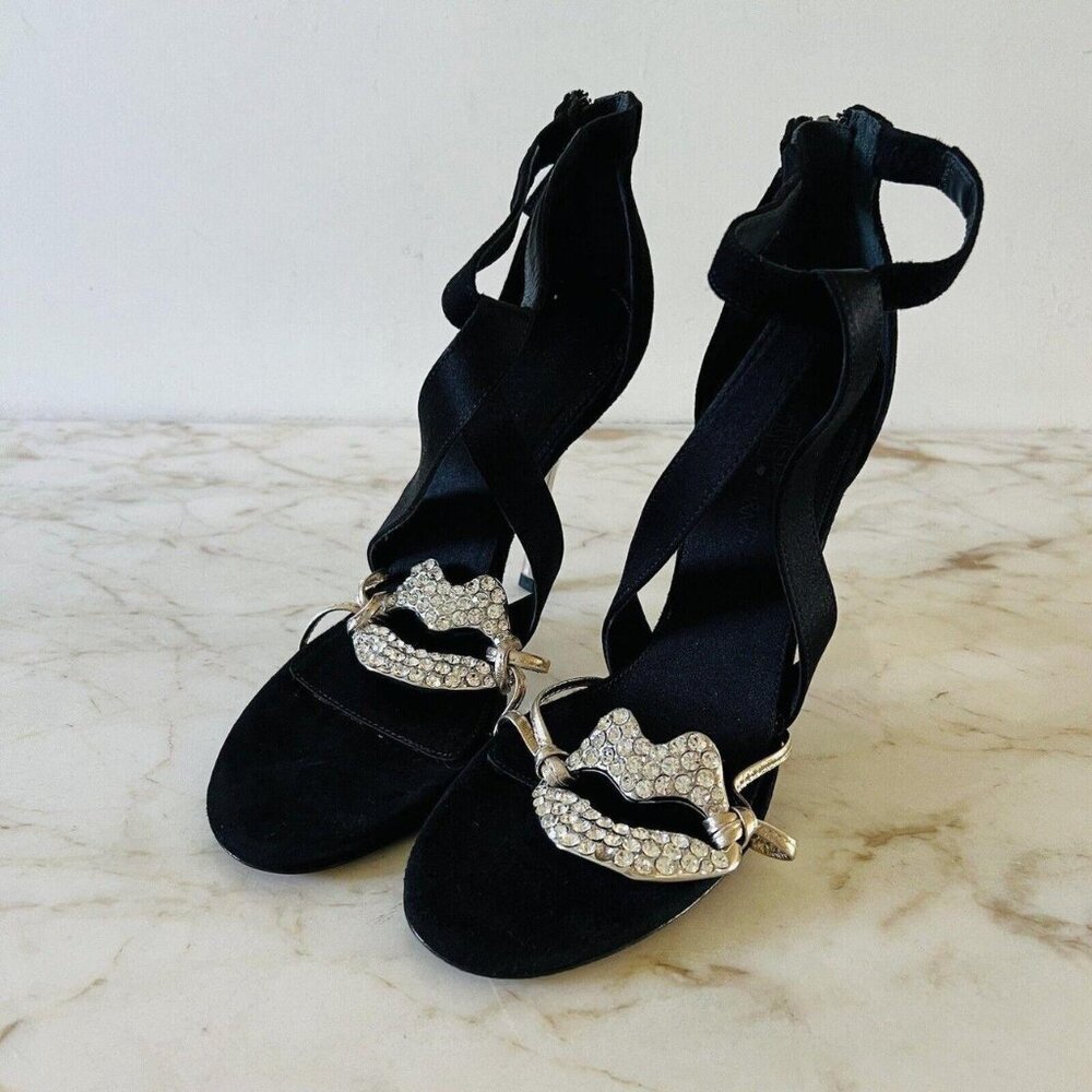 H&M Suede Black Crystal Lips Sandals Heels